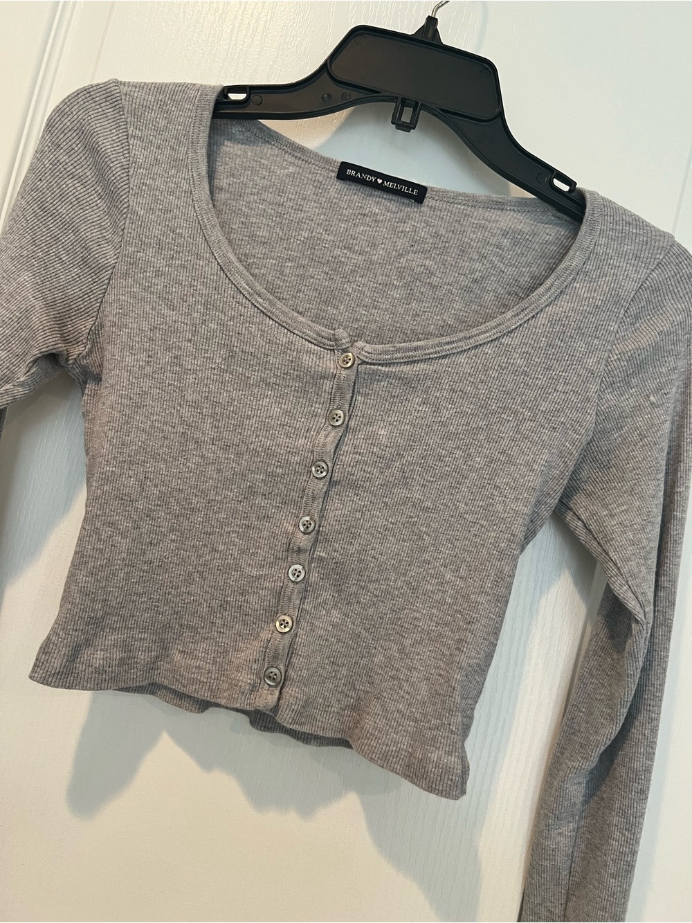 Brandy Melville Light Gray Ribbed Button-Front Cropped Long Sleeve Top S M New